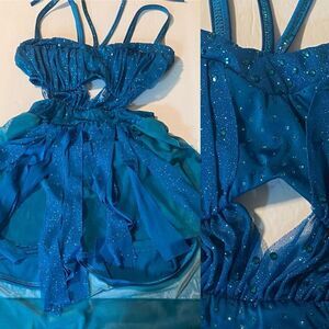 Kelle solo dance custom rhinestoned costume teal blue cutout leotard dress MA